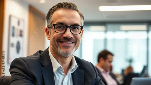 Smiling businessman in an office setting.