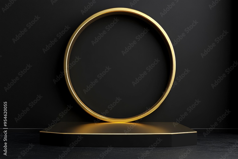 3D podium background. golden cylinder pedestal with golden ring on black wall scene. Black friday. Platforms mockup product display presentation. with generative ai 3D podium background. golden cylinder pedestal with golden ring on black wall scene. Black friday. Platforms mockup product display presentation. with generative ai