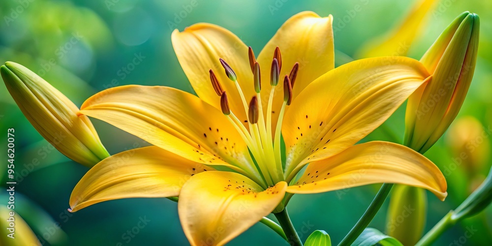 Obraz premium Vibrant yellow lily blooms with delicate petals and prominent stamens against a soft, serene green background.