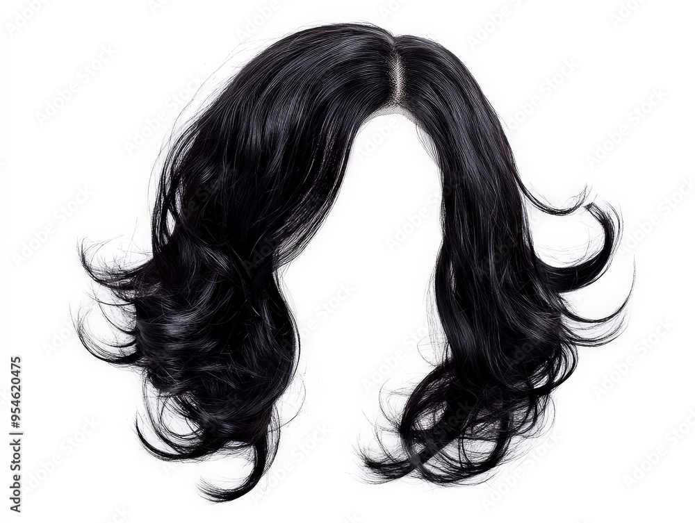 Wavy Shag Cut Deep Black Wig Isolated On White Background, Perfect For Retro Hair Trends, Vintage Fashion Editorials, And Textured Hair Product Promotions . Generative ai Wavy Shag Cut Deep Black Wig Isolated On White Background, Perfect For Retro Hair Trends, Vintage Fashion Editorials, And Textured Hair Product Promotions . Generative ai