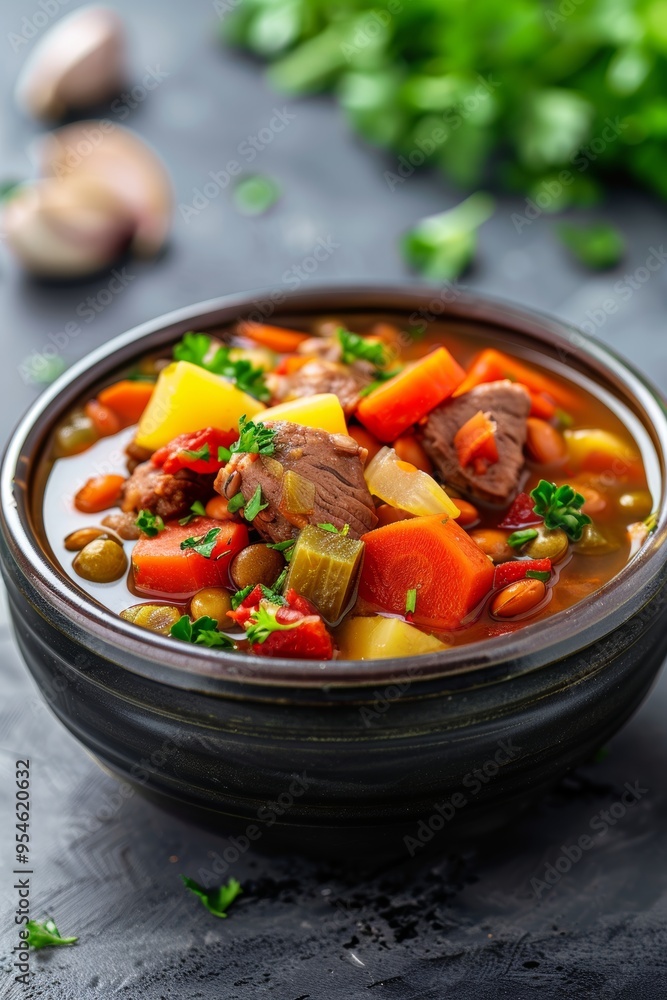 Hearty Beef Stew with Vegetables in a Bowl on a Rustic Background. Comfort Food. Top View. Hearty Beef Stew with Vegetables in a Bowl on a Rustic Background. Comfort Food. Top View.
