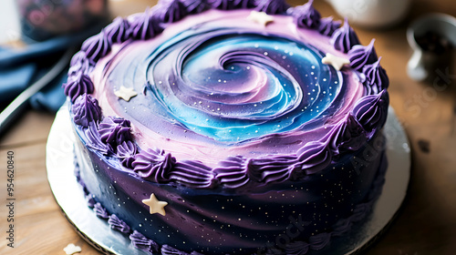 Galaxy Cake with a swirling galaxy design on the frosting, complete with edible stars photo