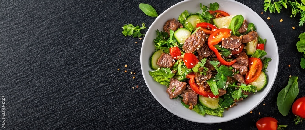 Fresh salad featuring vegetables and juicy beef, perfect for healthy meals and culinary presentations. Fresh salad featuring vegetables and juicy beef, perfect for healthy meals and culinary presentations.