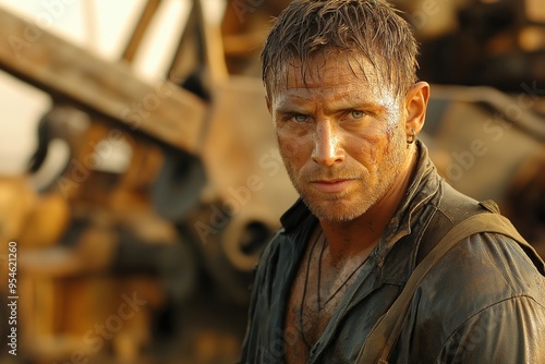 A determined man with a rugged appearance is seen working in intense conditions, his face and clothing covered in dirt and sweat.