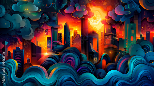 An abstract painting with bold, curved shapes and rich colors, creating a dynamic and mesmerizing visual effect.