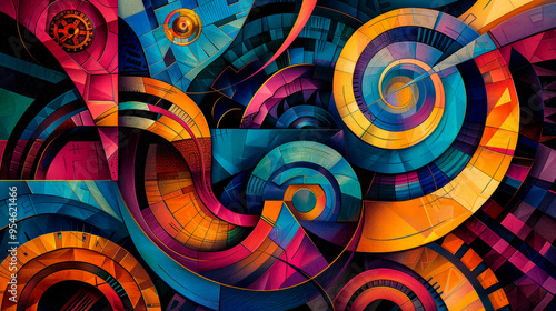 A colorful abstract composition, featuring a complex interplay of shapes and vibrant tones, suggesting motion and fluidity.