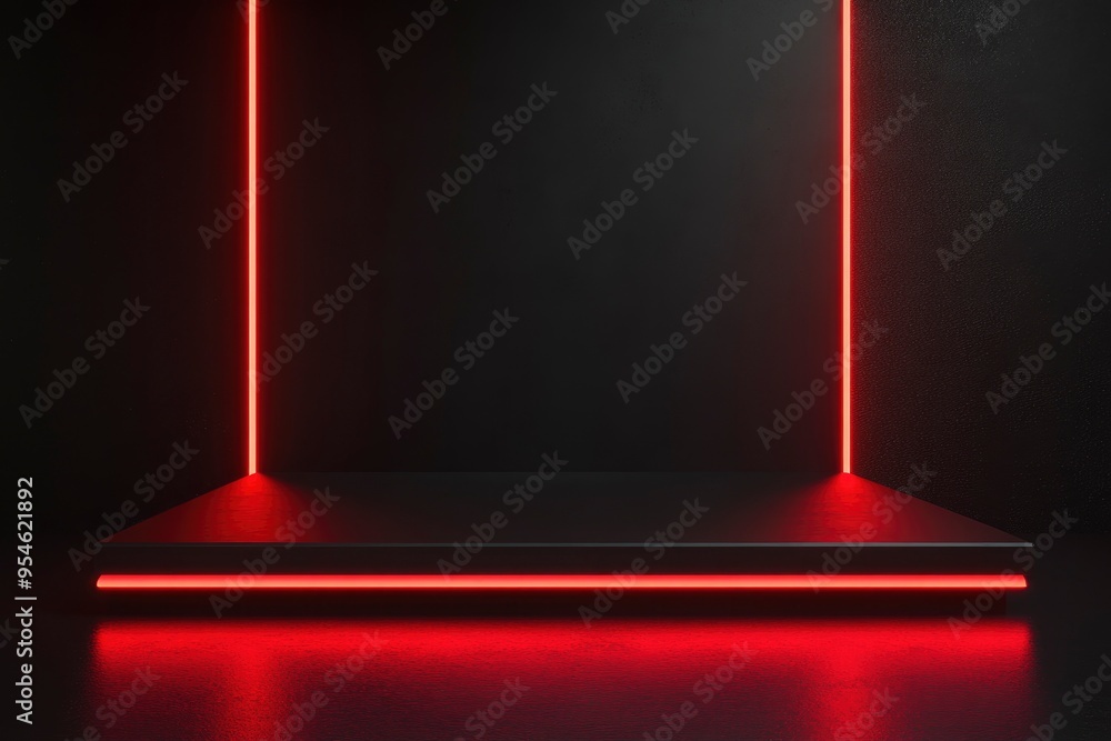 3D rendered black product stand with red neon lights with generative ai 3D rendered black product stand with red neon lights with generative ai