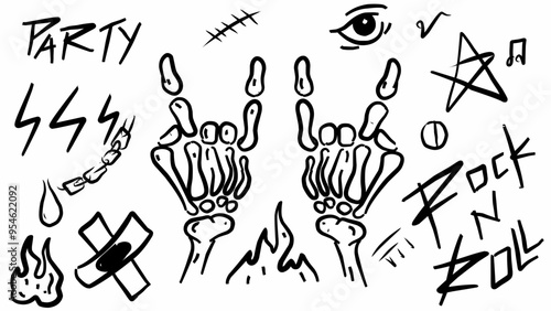 Set of doodle Rock and roll theme skull finger vector black and white illustration 