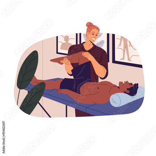 Chiropractic treatment on couch. Chiropractor does massage to patient. Osteopath, masseur does manual therapy in clinic. Physiotherapy, health. Flat isolated vector illustration on white background