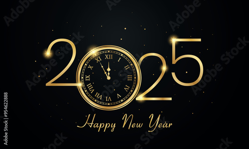 2025 Happy New Year Vector Background Design with Golden Clock and Sparkling Lights. Suitable for Greeting Card, Banner, Poster, template etc