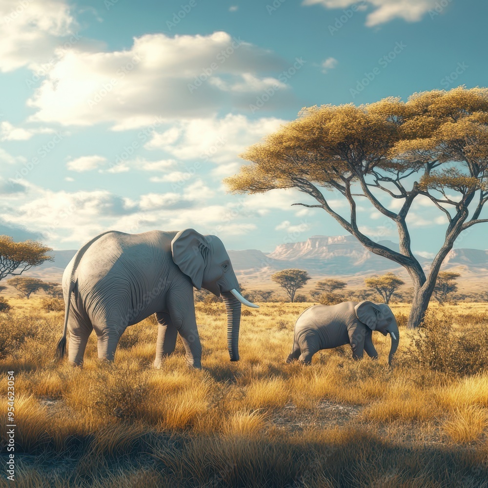 Fototapeta premium A serene landscape featuring an adult elephant and its calf under a vast sky, framed by iconic acacia trees in golden grasslands.