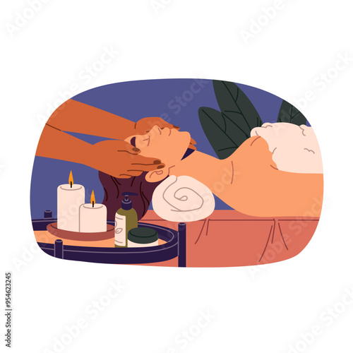 Cosmetologist does face massage to patient. Young woman relaxes during treatment in SPA salon. Masseur does beauty care procedure to girl. Cosmetology. Flat isolated vector illustration on white