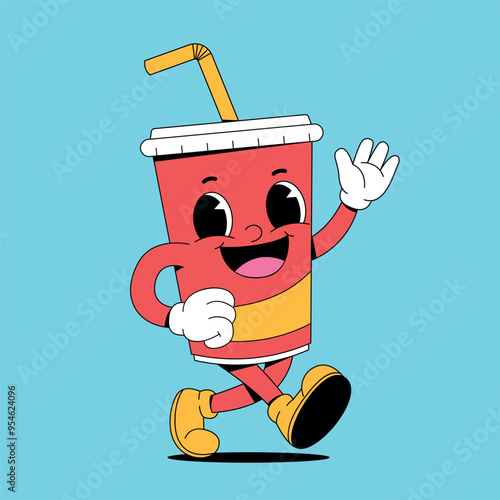 Retro cartoon walking soft drink cup mascot