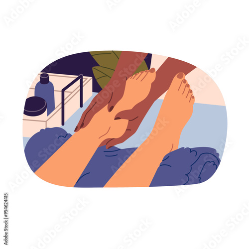 Girl relaxes while foot massage in beauty salon. Woman gets care, treatment from masseur in SPA center. Therapist pressures on sole, toes. Flat isolated vector illustration on white background