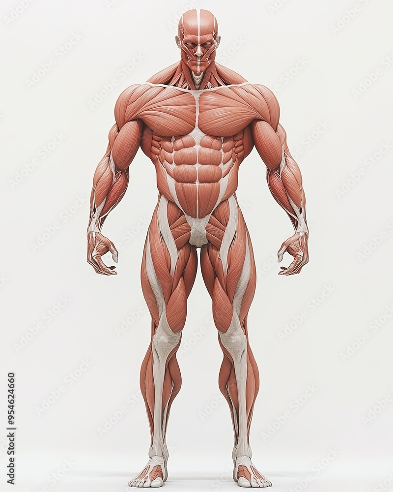 An illustration of the human body with muscles showing, viewed from above in full length against a white background. 