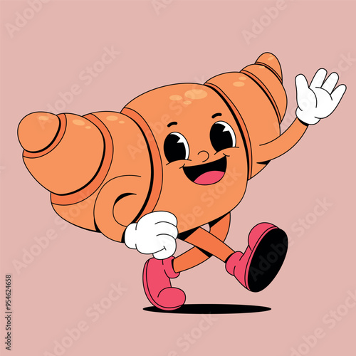 a cartoon character of a croissant waving happily
