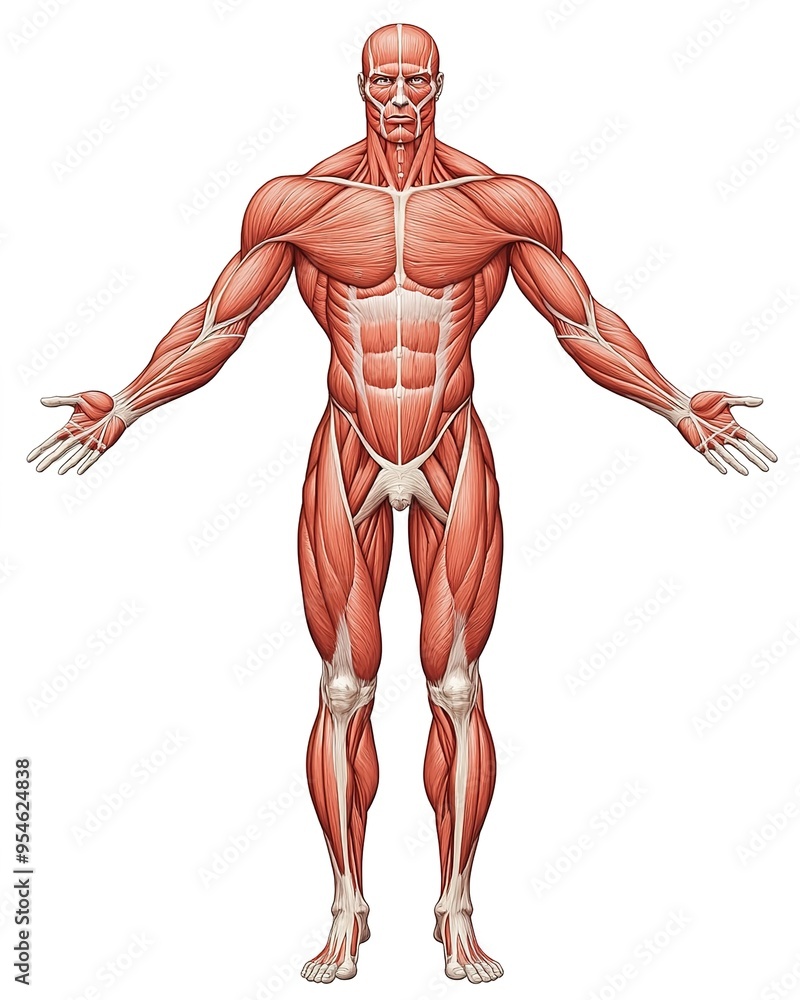 An illustration of the human body with muscles showing, viewed from above in full length against a white background. An illustration of the human body with muscles showing, viewed from above in full length against a white background.