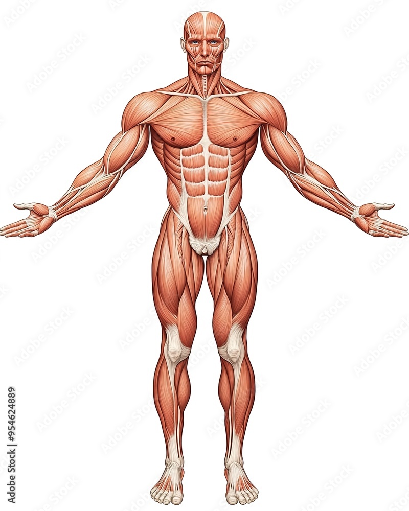 An illustration of the human body with muscles showing, viewed from above in full length against a white background. An illustration of the human body with muscles showing, viewed from above in full length against a white background.