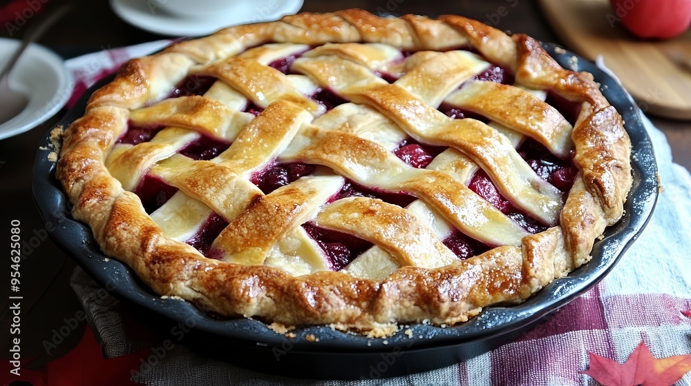 A cranberry apple pie showcases a delightful blend of tart cranberries and sweet apples, encased in a buttery, flaky crust. A cranberry apple pie showcases a delightful blend of tart cranberries and sweet apples, encased in a buttery, flaky crust.
