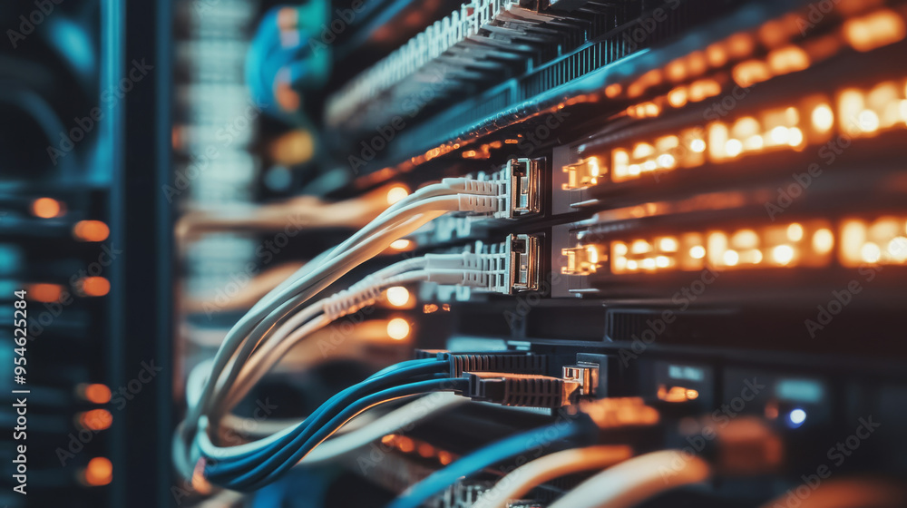 Network equipment with interconnected wires, including network switches and showcasing structured cabling systems for data storage and transmission from a system administrator's perspective. Network equipment with interconnected wires, including network switches and showcasing structured cabling systems for data storage and transmission from a system administrator's perspective.