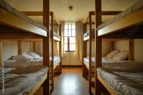 Empty wooden bunk beds in a cozy, sunlit dorm room with white linens and a large window.