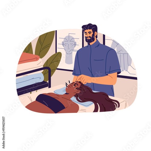 Acupuncture treatment in clinic. Doctor does traditional oriental massage of face to young woman. Girl cares about skin with medical beauty procedures. Flat isolated vector illustration on white