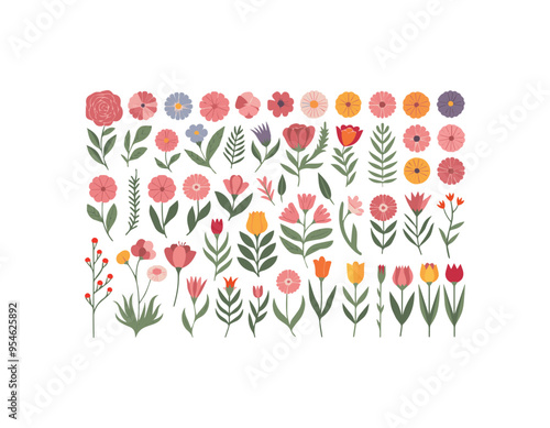 set of flowers and floral elements vector illustration includes various flowers 