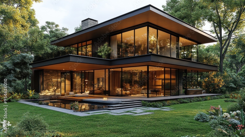 Modern glass house surrounded by lush greenery and landscaping. Modern glass house surrounded by lush greenery and landscaping.