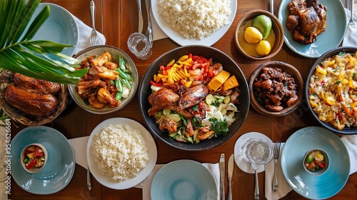 An overhead view of a table beautifully set for a family meal, featuring a variety of delicious Caribbean-style dishes.
