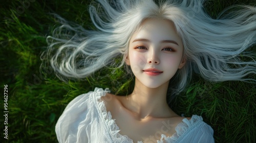 Beautiful girl with hair coloring in white ultra blond resting lying in the green grass,Stylish hairstyle curls done in a beauty salon,enjoying harmony with nature and recuperating,copy space. photo