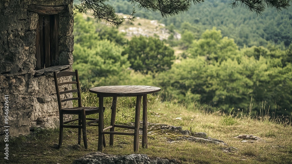 A rustic, hand-made table and chair set in the midst of nature, likely crafted by shepherds. A rustic, hand-made table and chair set in the midst of nature, likely crafted by shepherds.