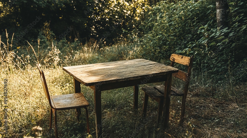 A rustic, hand-made table and chair set in the midst of nature, likely crafted by shepherds. A rustic, hand-made table and chair set in the midst of nature, likely crafted by shepherds.