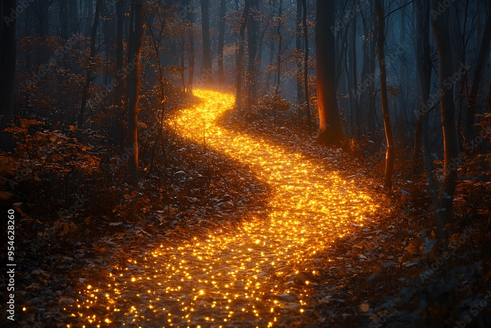 Fototapeta premium Glowing path covered in golden leaves, winding through a mystica.