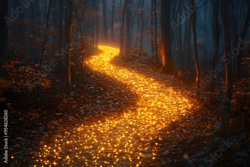 Glowing path covered in golden leaves, winding through a mystica. photo