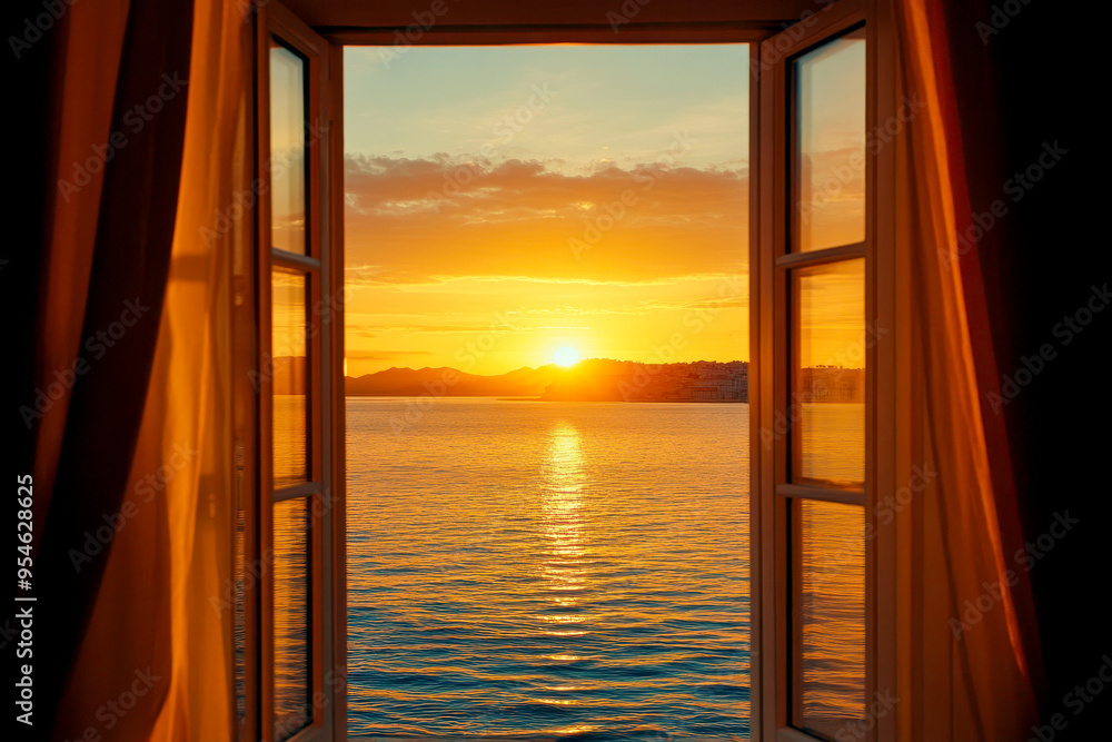 view from room with open window with sunset ocean. view from room with open window with sunset ocean.