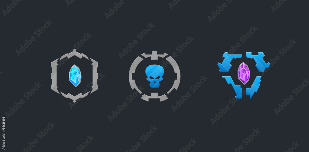 Three Different Sci Fi Futuristic Tactical Squad Military Logo Elements Frames Crystals Skull Gray Blue Green Isolated Vector Design Three Different Sci Fi Futuristic Tactical Squad Military Logo Elements Frames Crystals Skull Gray Blue Green Isolated Vector Design
