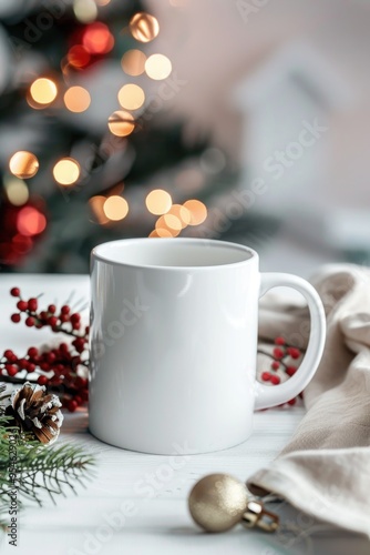 Festive Holiday Mug Surrounded by Christmas Decorations and Warm Lights