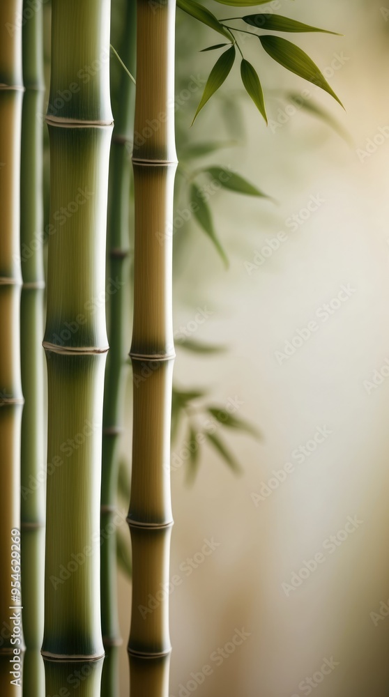 Fototapeta premium Green bamboo shoots are growing upwards in front of a blurred background with sunlight