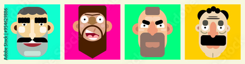 Set of austere avatars of people. Icons of different nationalities are arranged in fac. Cute cartoon modern simple design. Beautiful colorful template. Vector illustration in flat style. Close up port