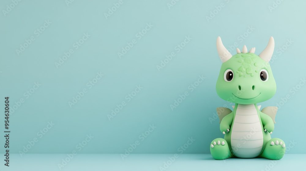 Fototapeta premium Charming green dragon toy, cute oversized eyes, small wings and horns, placed against a soft blue background, radiating playful and friendly vibes.
