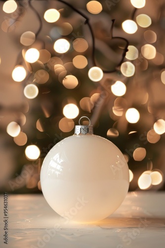Festive White Christmas Ornament with Sparkling Lights Bokeh Background