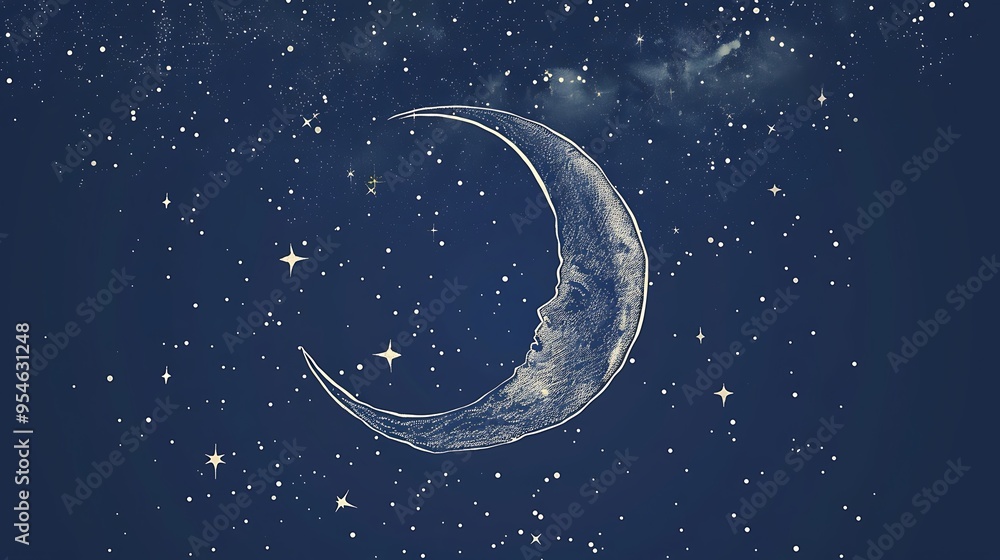 Fototapeta premium A whimsical white line drawing of a crescent moon surrounded by stars, creating a celestial scene on a deep blue background. 8k UHD, suitable for high-quality printing or digital display. 