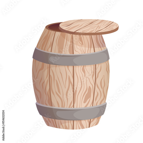 Wooden barrel for honey, grapes, autumn harvest, beer, wine, or other alcoholic beverages. Barrel for labels, postcards, and banners. Vector illustration isolated on a white background.