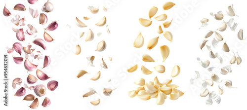A falling clove of garlic is isolated on a white background, with a full depth of field