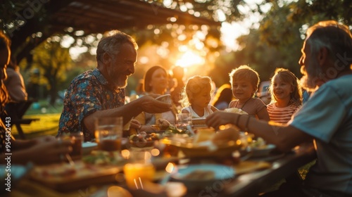 Fototapeta Naklejka Na Ścianę i Meble -  Family Reunion: A lively summer event in a park where family members gather under a pavilion for potluck meals, games, and memorable group photos.
