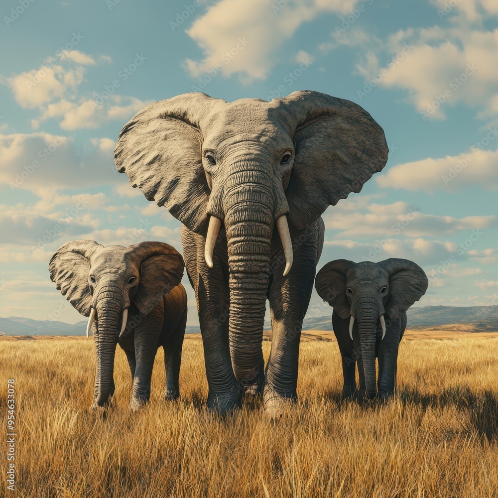 Naklejka premium Majestic elephants roam across a golden savannah under a bright blue sky, showcasing their beauty and grace in the wild.