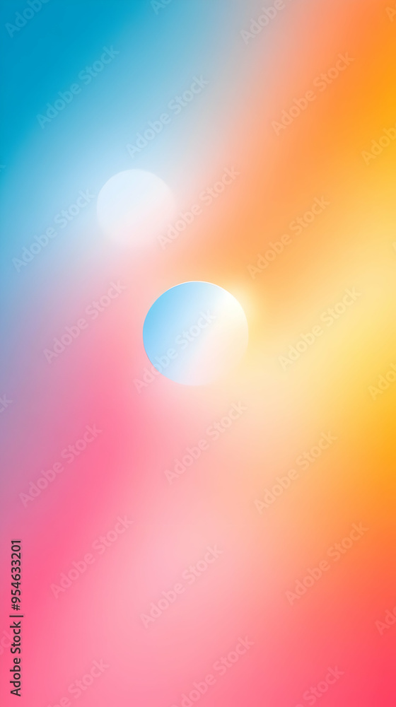 Abstract pastel pink, yellow, and blue background with two blurred white circles. Abstract pastel pink, yellow, and blue background with two blurred white circles.