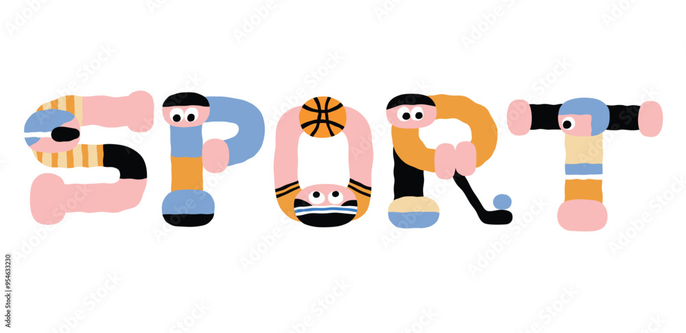 sport writing typography from cute cartoon characters sport writing typography from cute cartoon characters