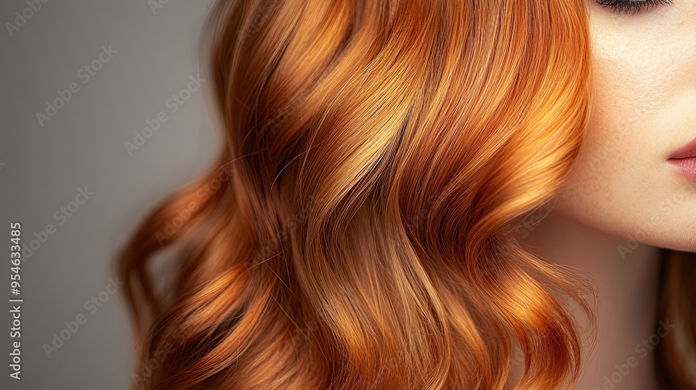 Strawberry Blonde Hair in Loose Curls: Showcases the beauty of strawberry blonde hair styled in loose curls, set against a soft, complementary background. Strawberry Blonde Hair in Loose Curls: Showcases the beauty of strawberry blonde hair styled in loose curls, set against a soft, complementary background.