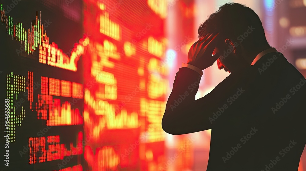 Stressed Businessman Watching Stock Market Crash and Business Decline Due to Economic Crisis with 3D Render Stressed Businessman Watching Stock Market Crash and Business Decline Due to Economic Crisis with 3D Render